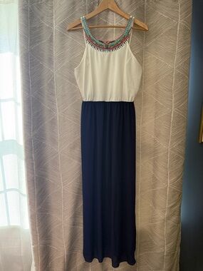 Charming Charlie White and Navy Maxi Dress with Beaded Neckline